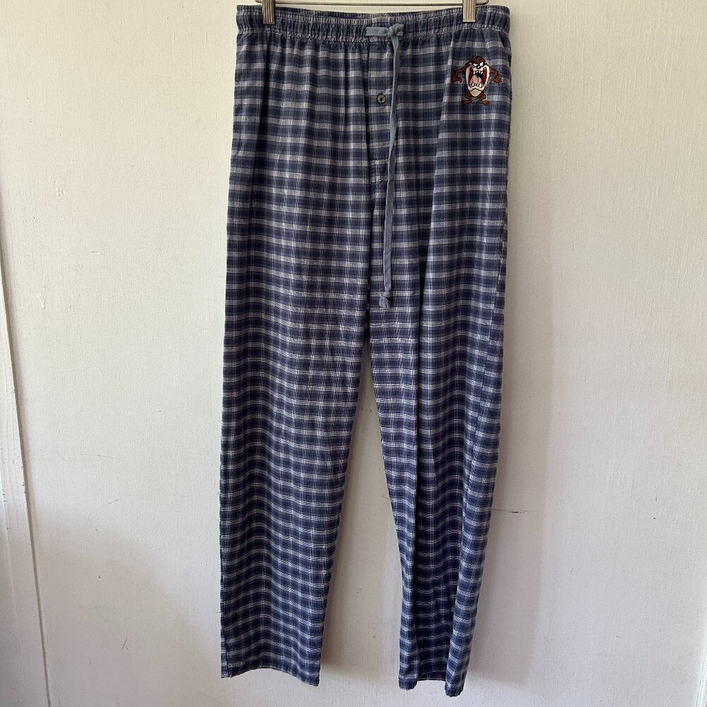 Tasmanian Devil Pajama Pants Size Medium Blue Plaid Tie Warner Bros 90s VTG
